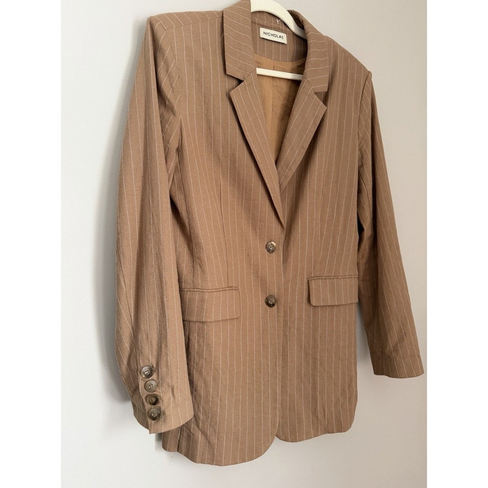Nicholas Women US 8 Oversized Linen Blazer Charlee Camel Brown Tan Pinstripe